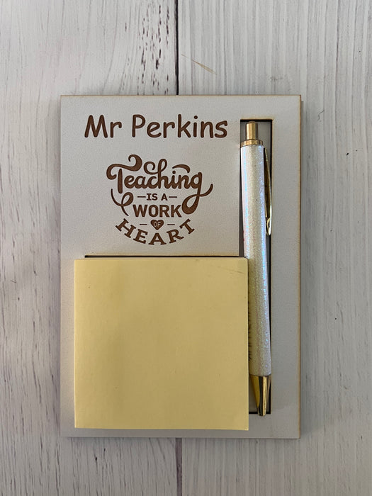 Personalized teachers desk post-it note and pen holder
