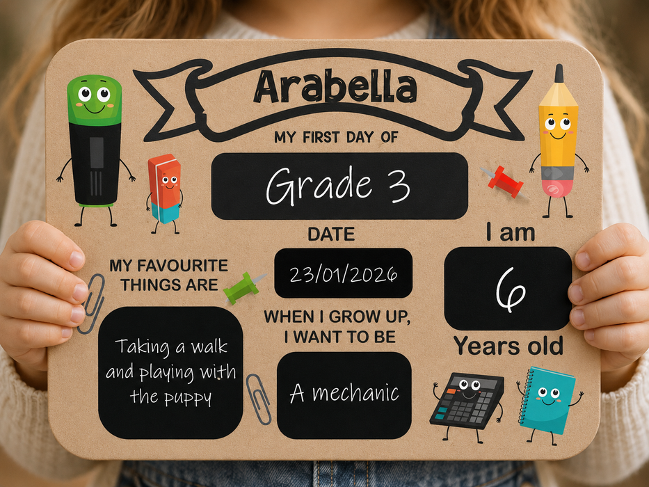 A child holds a personalized wooden sign with cartoon school-themed illustrations and handwritten-style text reading with personalised name, 'Grade 3', date, age, and favorite things. The child's hands and part of their clothing are visible.