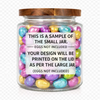 Jar filled with colorful Easter eggs and a sample label on a white background