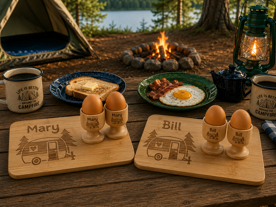 Personalised camping breakfast set featuring a custom engraved bamboo chopping board and matching egg cup, perfect for caravans, camping trips and outdoor adventures.