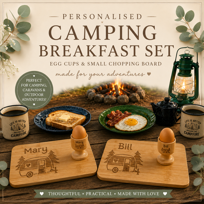 Personalised Camping Breakfast Set | Egg Cups & Small Chopping Board