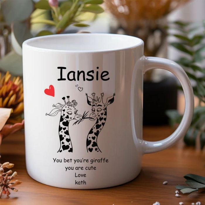 Giraffes Kissing and Red love Heart Cute Partner Personalised Mug