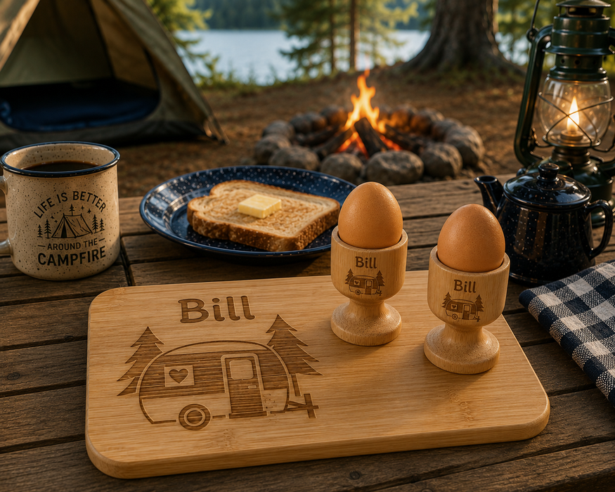 Personalised camping breakfast set featuring a custom engraved bamboo chopping board and matching egg cup, perfect for caravans, camping trips and outdoor adventures.
