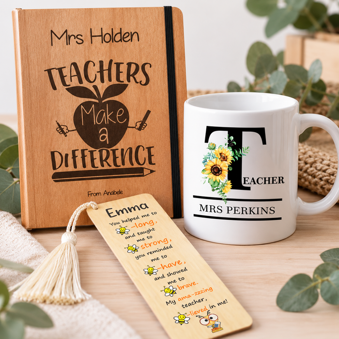 Personalised Teacher Gift Bundle – Mug, Notebook & Bookmark