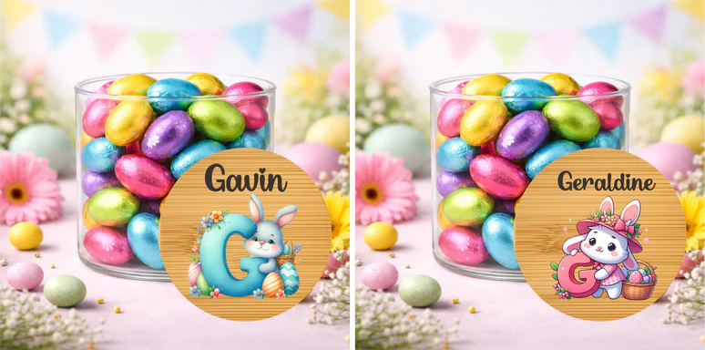 Personalised Easter Treat Jar with Pink or Blue Initial – Easter Chocolate Gift for Kids