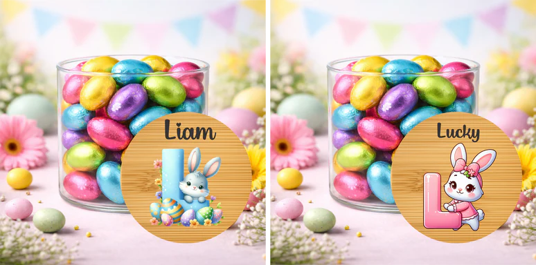 Personalised Easter Treat Jar with Pink or Blue Initial – Easter Chocolate Gift for Kids