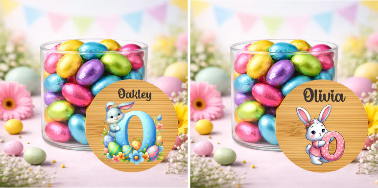 Personalised Easter Treat Jar with Pink or Blue Initial – Easter Chocolate Gift for Kids