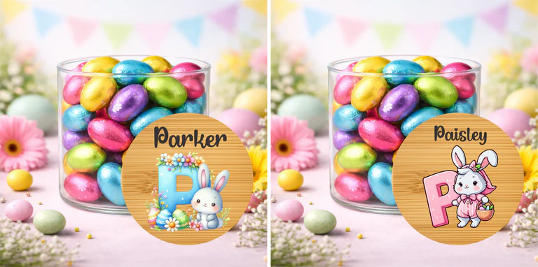 Personalised Easter Treat Jar with Pink or Blue Initial – Easter Chocolate Gift for Kids