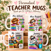 Colourful personalised teacher appreciation mugs featuring cute Australian animals, funny teacher sayings and unique end of year teacher gift designs by Sweetpea Creations.