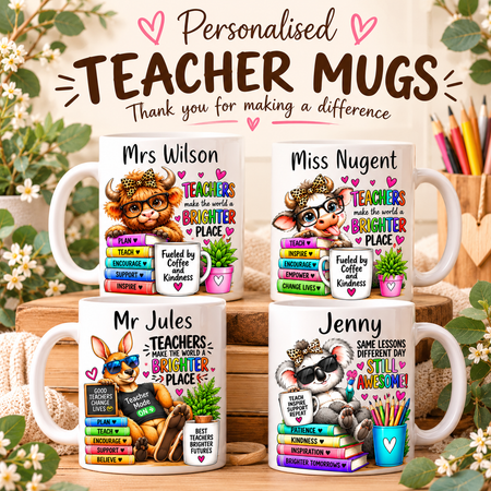 Colourful personalised teacher appreciation mugs featuring cute Australian animals, funny teacher sayings and unique end of year teacher gift designs by Sweetpea Creations.