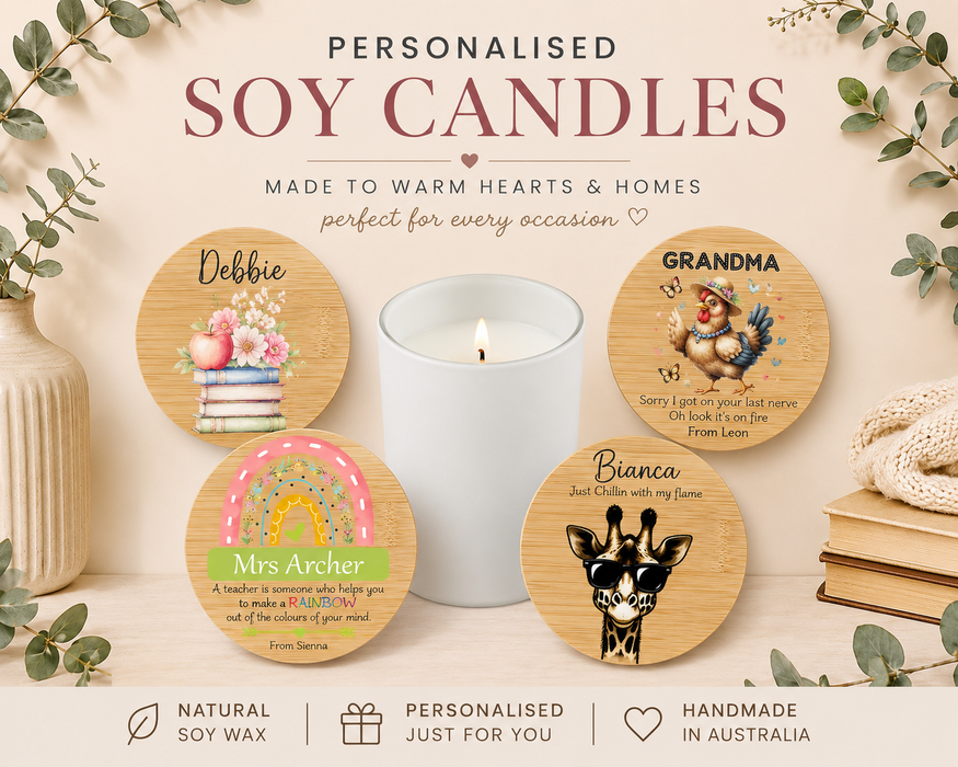 Personalised Soy Candle with Bamboo Lid | Custom Gift for Teachers, Mum, Grandma & Friends