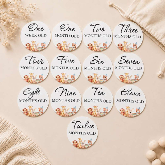 Monthly baby milestone discs featuring animal illustrations for first year milestone photos