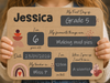 A personalized children's milestone sign held by a person, featuring a boho rainbowbackground with chalkboard-style text boxes and small pastel illustrations. The sign is personalized  birthday, age, height, teacher, and future aspirations.