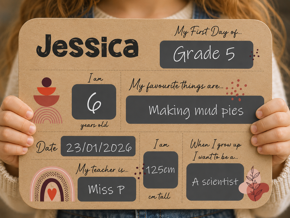 A personalized children's milestone sign held by a person, featuring a boho rainbowbackground with chalkboard-style text boxes and small pastel illustrations. The sign is personalized  birthday, age, height, teacher, and future aspirations.