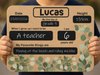 A child holds a personalized sign with rounded corners, featuring a tan background, black text boxes, and green eucalyptus illustrations. 