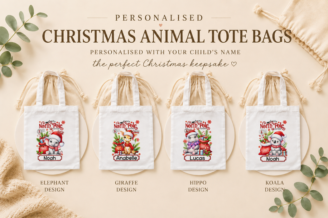 Personalised Christmas Animal Tote Bag | Custom Name Christmas Gift Bag for Kids