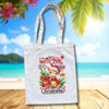 Personalised Christmas tote bag featuring a festive giraffe with Christmas gifts and personalised name.