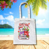 Personalised Christmas tote bag featuring a Christmas hippo and presents with custom child name.