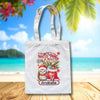 Personalised Christmas tote bag featuring a Christmas Hedgehog and presents with custom child name.