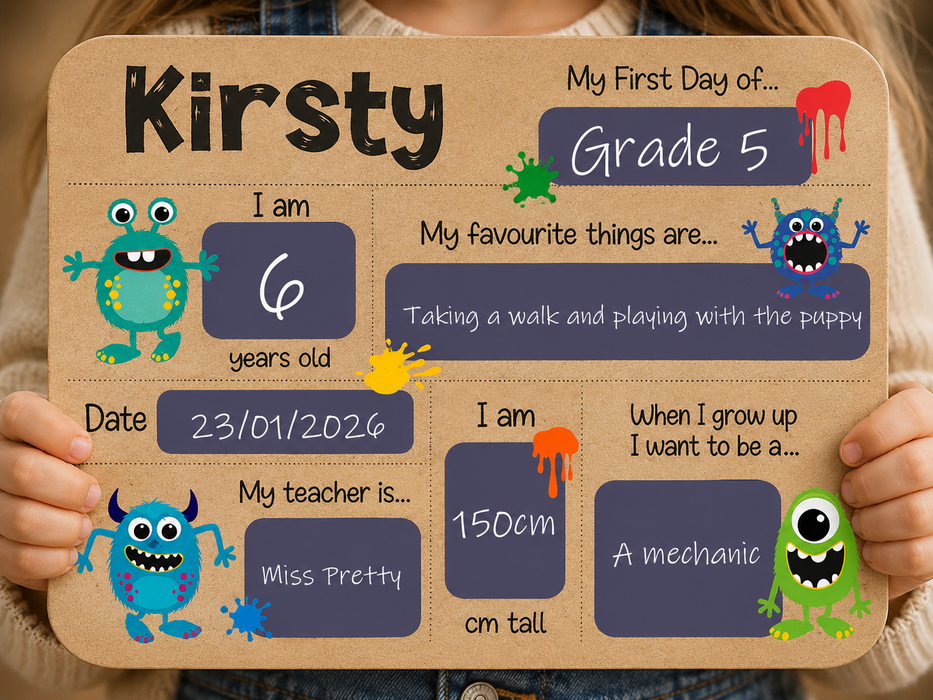 A personalized children's birthday milestone sign held by a person's hands. 