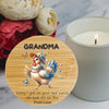 A personalized round wooden plaque or coaster featuring an illustration of a hen wearing a hat and flower crown, with the text 'GRANDMA' at the top and a humorous quote at the bottom. The plaque is styled on a marble surface next to a lit white candle and flowers.