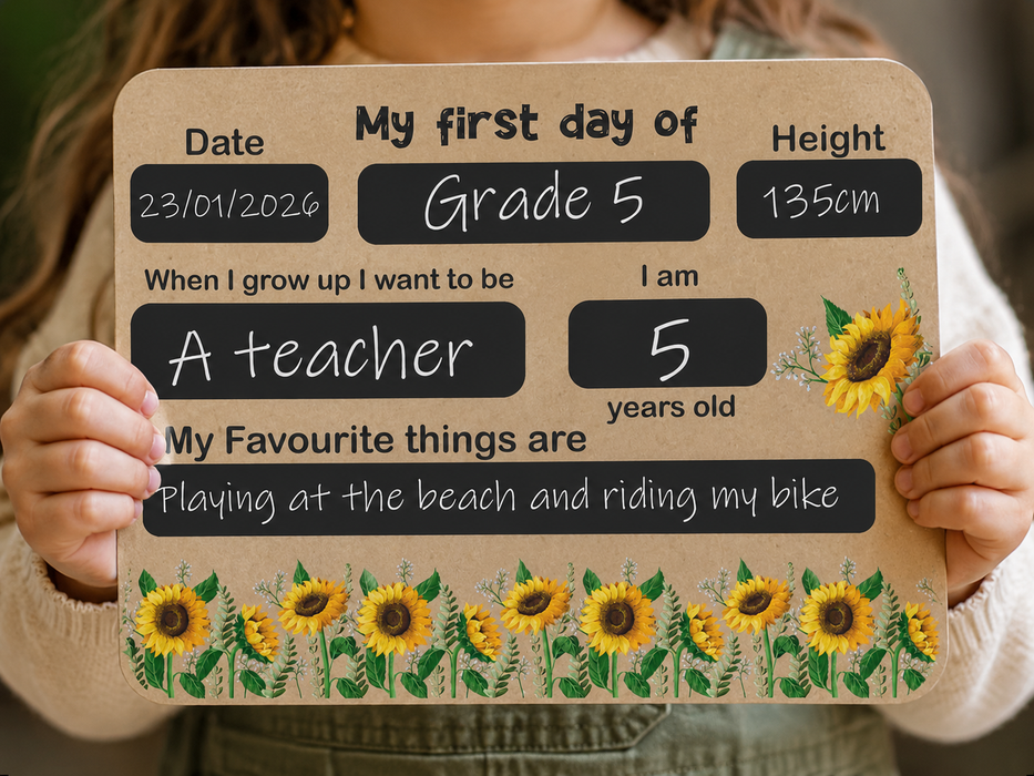 A child holds a personalized sign with handwritten-style text and sunflower illustrations. The sign reads 'My first day of Grade 5', includes date, height, aspirations, age, and favorite activities, with the child wearing a cream sweater and green top in the background.