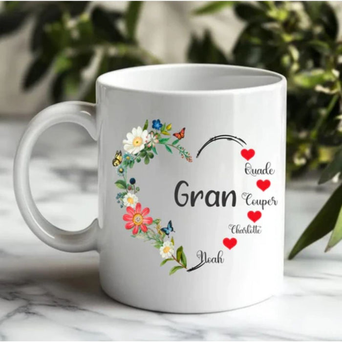 Personalised mug for Mum and Nan featuring custom name and floral design made in Australia