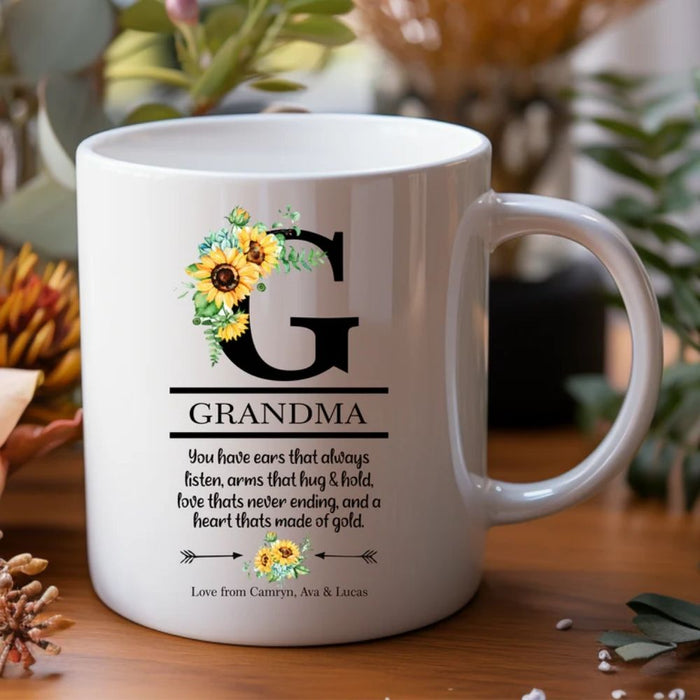 Personalised mug for Mum and Nan featuring custom name and initial design made in Australia