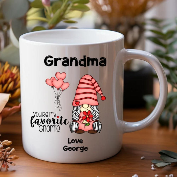 Personalised mug for Mum and Nan featuring custom name and gnome design made in Australia
