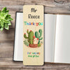 A personalized wooden bookmark styled on an open notebook, featuring a cute cartoon cactus illustration and the text 'Mr Reece Thank you for helping me grow'.
