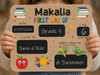 A child holds a personalized sign celebrating their first day of school. The sign features a tan background with black chalkboard-style text boxes and colorful cartoon illustrations, including books, stars, a red apple, and green frogs.