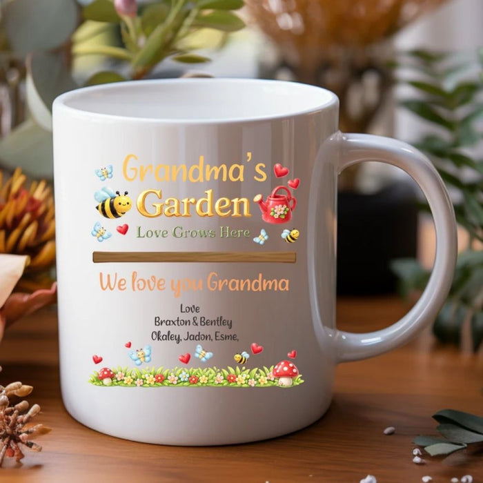 Personalised mug for Mum and Nan featuring custom name and garden design made in Australia