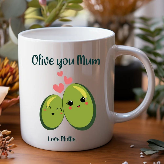 Personalised mug for Mum and Nan featuring custom name and olives design made in Australia