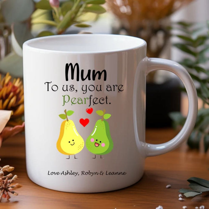 Personalised mug for Mum and Nan featuring custom name and pears design made in Australia