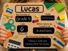 A child holds a personalized sign with school-themed illustrations and text reading, 'My First day of Grade 5', 'Date 23/01/2026', 'I am 6 Years old', 'When I grow up, I want to be A mechanic', and 'My Favourite things are Taking a walk and playing with the puppy'.