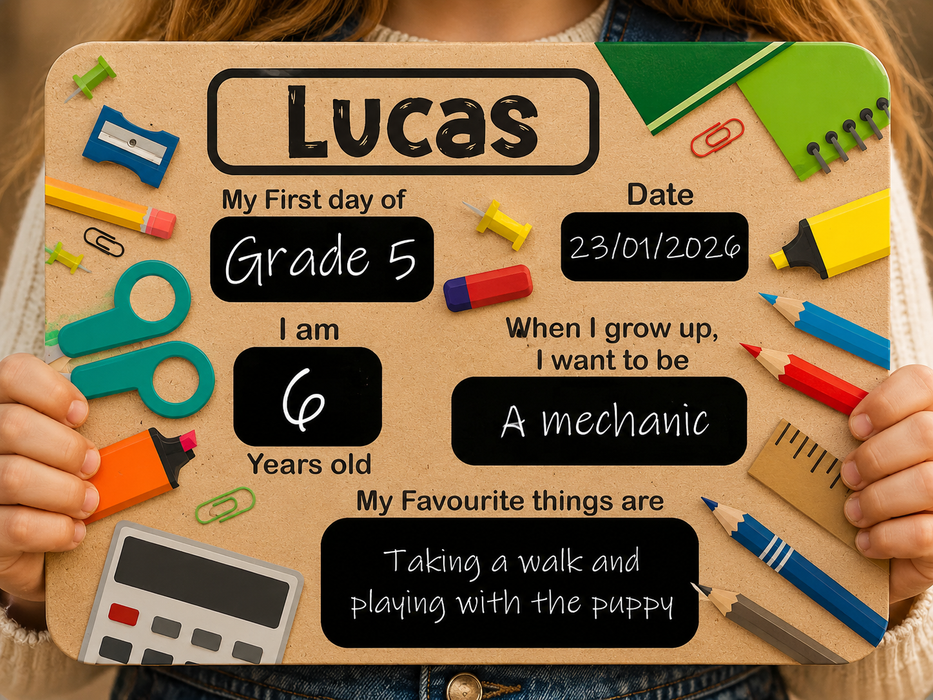 A child holds a personalized sign with school-themed illustrations and text reading, 'My First day of Grade 5', 'Date 23/01/2026', 'I am 6 Years old', 'When I grow up, I want to be A mechanic', and 'My Favourite things are Taking a walk and playing with the puppy'.
