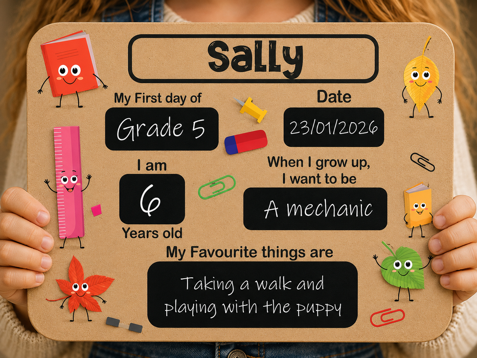 A personalized sign held by a child's hands, featuring cute cartoon drawings of school supplies and text fields for a child's first day of school, age, and future goals.