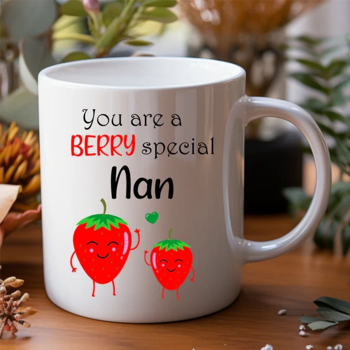 Personalised mug for Mum and Nan featuring custom name and strawberries design made in Australia