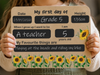 A child holds a personalized sign with handwritten-style text and sunflower illustrations. The sign reads 'My first day of Grade 5', includes date, height, aspirations, and favorite activities, with the child's hands visible holding it.