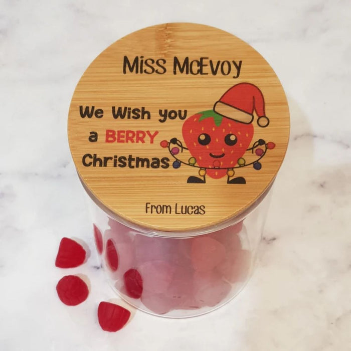 Personalised teacher appreciation lolly jar featuring a strawberry design and custom teacher name, handmade in Australia.