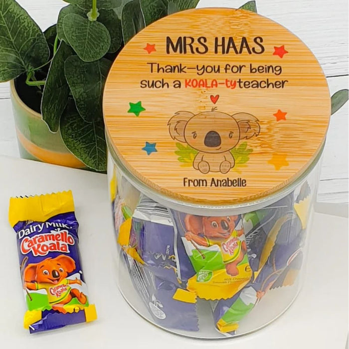 Personalised teacher appreciation lolly jar featuring a koala design and custom teacher name, handmade in Australia.