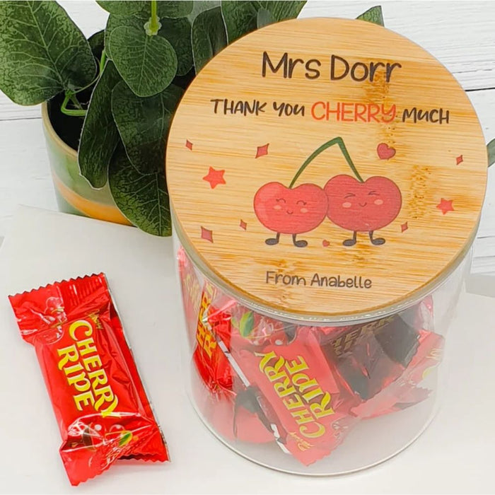 Personalised teacher appreciation lolly jar featuring a cherry ripe design and custom teacher name, handmade in Australia.