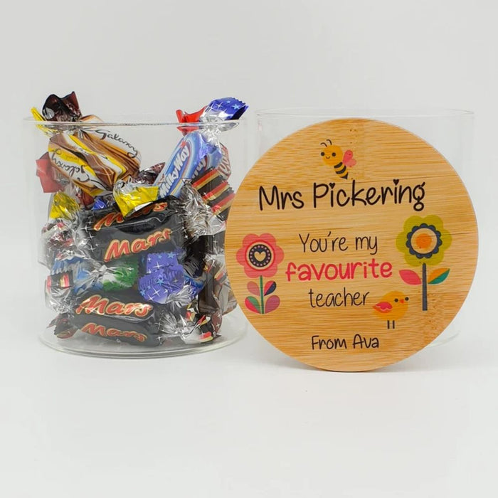 Personalised teacher appreciation lolly jar featuring a chocolate design and custom teacher name, handmade in Australia.