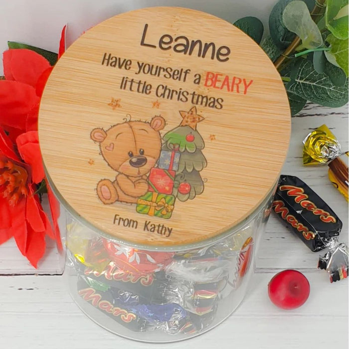 Personalised teacher appreciation lolly jar featuring a teddy bear design and custom teacher name, handmade in Australia.