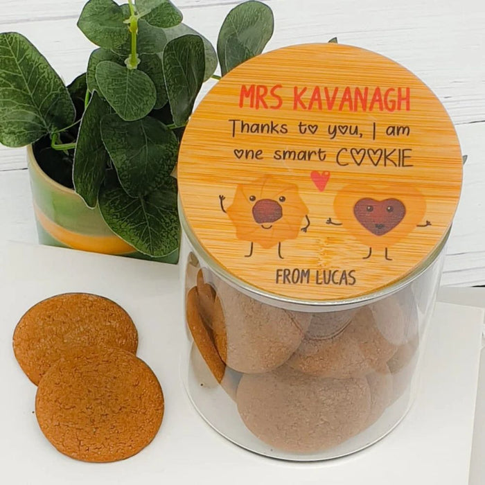 Personalised teacher appreciation lolly jar featuring a cookie design and custom teacher name, handmade in Australia.