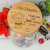 Personalised teacher appreciation lolly jar featuring a bee design and custom teacher name, handmade in Australia.