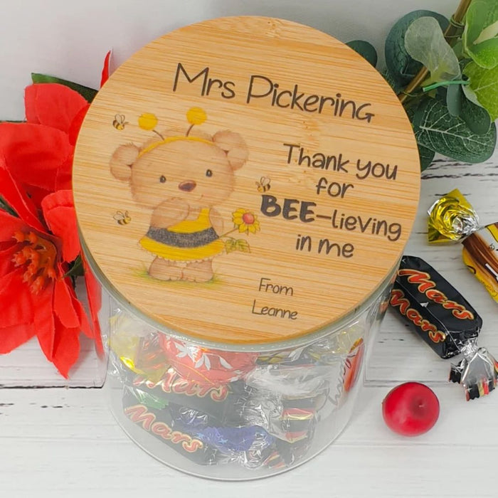 Personalised teacher appreciation lolly jar featuring a bee design and custom teacher name, handmade in Australia.