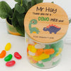 Personalised teacher appreciation lolly jar featuring a dinosaur design and custom teacher name, handmade in Australia.