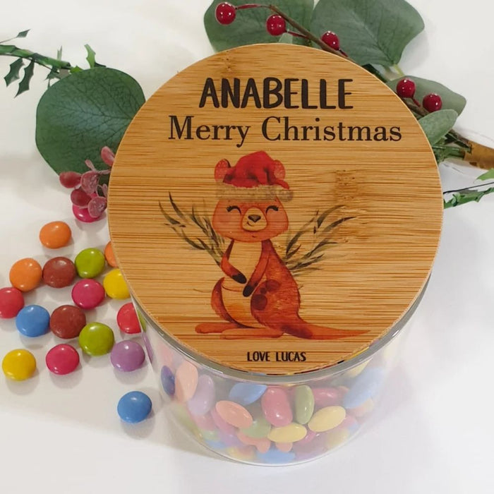 Personalised teacher appreciation lolly jar featuring a kangaroo design and custom teacher name, handmade in Australia.