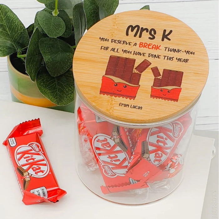 Personalised teacher appreciation lolly jar featuring a kit kat design and custom teacher name, handmade in Australia.